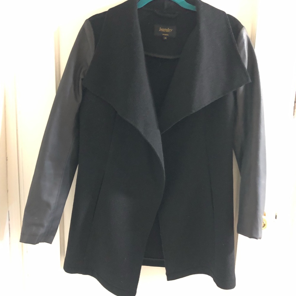 Laundry black faux leather wool trench coat XS